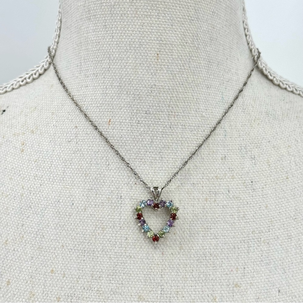 925 Sterling Silver Singapore Chain Multi-stone Heart Pendant Necklace - Picture 4 of 15